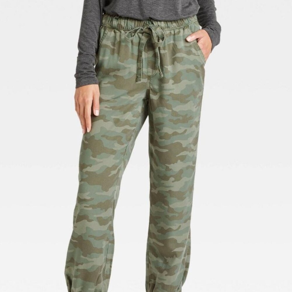 Knox Rose Women's Jogger Pants Green Camo Elastic Waist with Drawstring - Smalll